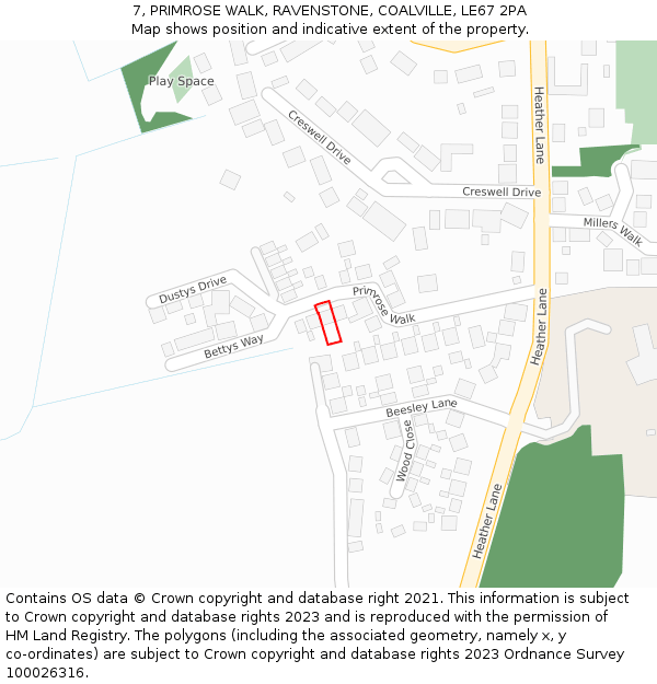 7, PRIMROSE WALK, RAVENSTONE, COALVILLE, LE67 2PA: Location map and indicative extent of plot