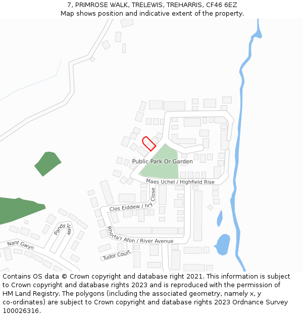 7, PRIMROSE WALK, TRELEWIS, TREHARRIS, CF46 6EZ: Location map and indicative extent of plot