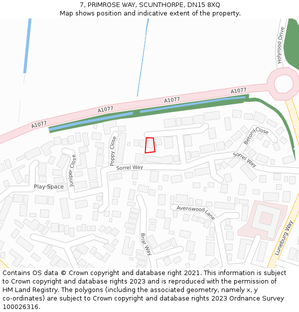 7, PRIMROSE WAY, SCUNTHORPE, DN15 8XQ: Location map and indicative extent of plot