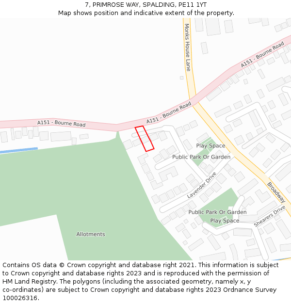 7, PRIMROSE WAY, SPALDING, PE11 1YT: Location map and indicative extent of plot