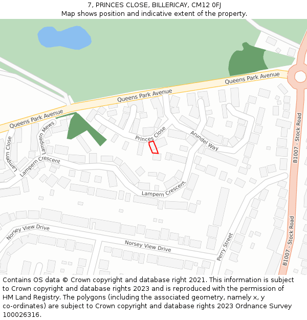 7, PRINCES CLOSE, BILLERICAY, CM12 0FJ: Location map and indicative extent of plot