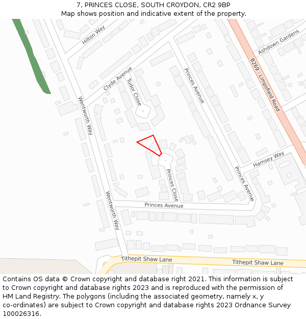 7, PRINCES CLOSE, SOUTH CROYDON, CR2 9BP: Location map and indicative extent of plot