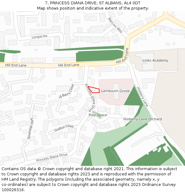7, PRINCESS DIANA DRIVE, ST ALBANS, AL4 0DT: Location map and indicative extent of plot
