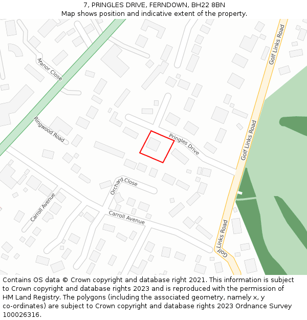 7, PRINGLES DRIVE, FERNDOWN, BH22 8BN: Location map and indicative extent of plot