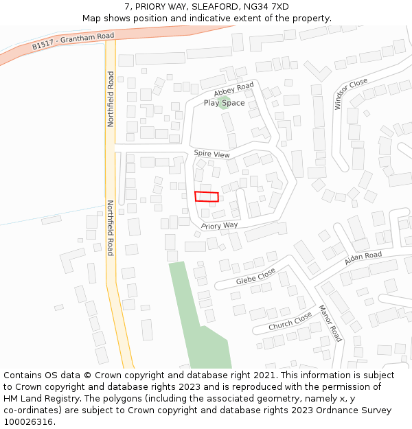 7, PRIORY WAY, SLEAFORD, NG34 7XD: Location map and indicative extent of plot