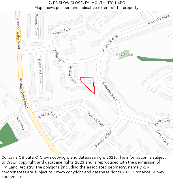 7, PRISLOW CLOSE, FALMOUTH, TR11 4PG: Location map and indicative extent of plot