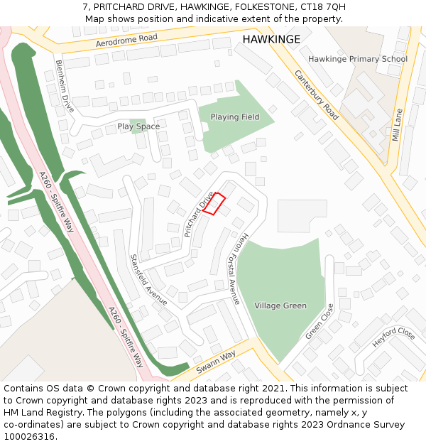 7, PRITCHARD DRIVE, HAWKINGE, FOLKESTONE, CT18 7QH: Location map and indicative extent of plot