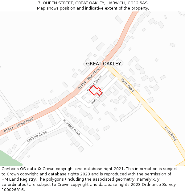 7, QUEEN STREET, GREAT OAKLEY, HARWICH, CO12 5AS: Location map and indicative extent of plot