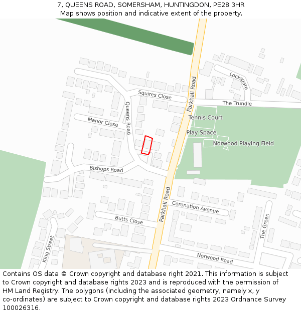 7, QUEENS ROAD, SOMERSHAM, HUNTINGDON, PE28 3HR: Location map and indicative extent of plot