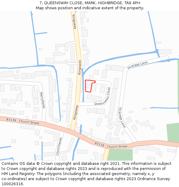 7, QUEENSWAY CLOSE, MARK, HIGHBRIDGE, TA9 4PH: Location map and indicative extent of plot