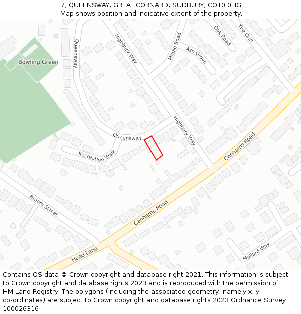 7, QUEENSWAY, GREAT CORNARD, SUDBURY, CO10 0HG: Location map and indicative extent of plot