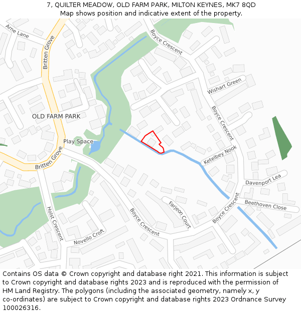 7, QUILTER MEADOW, OLD FARM PARK, MILTON KEYNES, MK7 8QD: Location map and indicative extent of plot