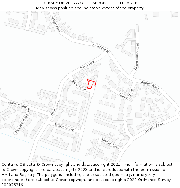 7, RABY DRIVE, MARKET HARBOROUGH, LE16 7FB: Location map and indicative extent of plot