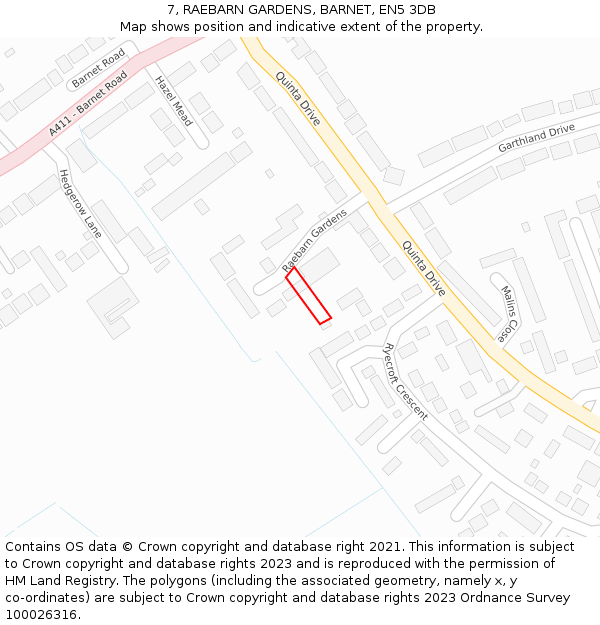 7, RAEBARN GARDENS, BARNET, EN5 3DB: Location map and indicative extent of plot