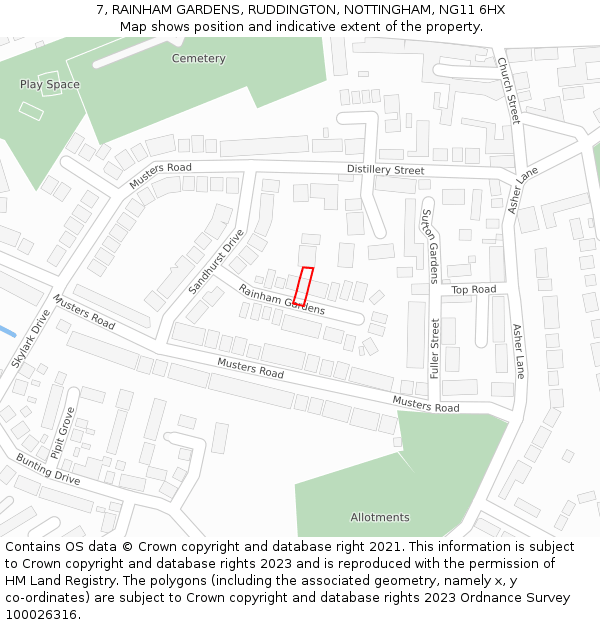 7, RAINHAM GARDENS, RUDDINGTON, NOTTINGHAM, NG11 6HX: Location map and indicative extent of plot