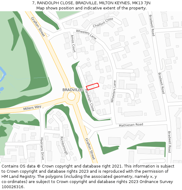 7, RANDOLPH CLOSE, BRADVILLE, MILTON KEYNES, MK13 7JN: Location map and indicative extent of plot