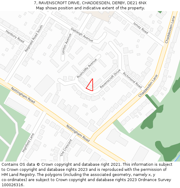 7, RAVENSCROFT DRIVE, CHADDESDEN, DERBY, DE21 6NX: Location map and indicative extent of plot