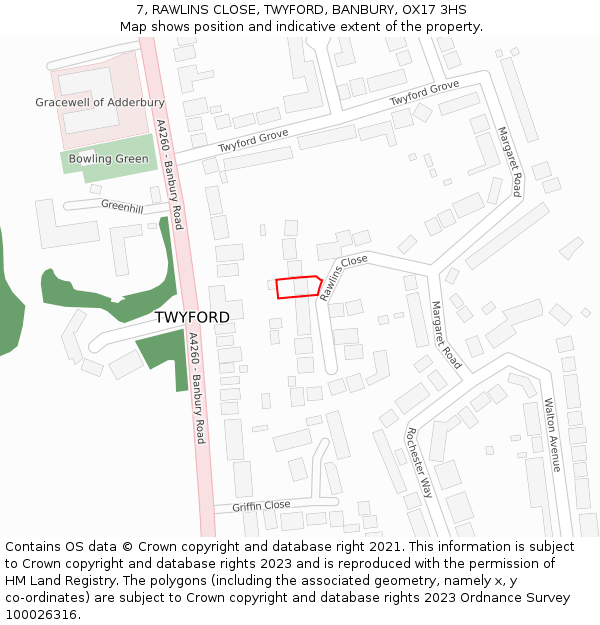 7, RAWLINS CLOSE, TWYFORD, BANBURY, OX17 3HS: Location map and indicative extent of plot