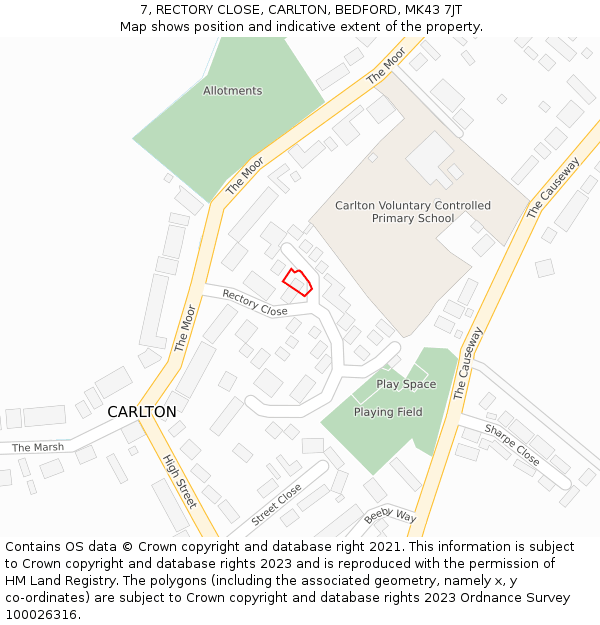 7, RECTORY CLOSE, CARLTON, BEDFORD, MK43 7JT: Location map and indicative extent of plot