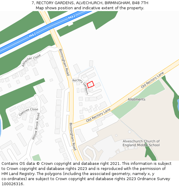 7, RECTORY GARDENS, ALVECHURCH, BIRMINGHAM, B48 7TH: Location map and indicative extent of plot