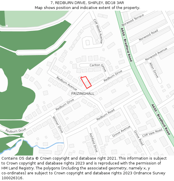 7, REDBURN DRIVE, SHIPLEY, BD18 3AR: Location map and indicative extent of plot