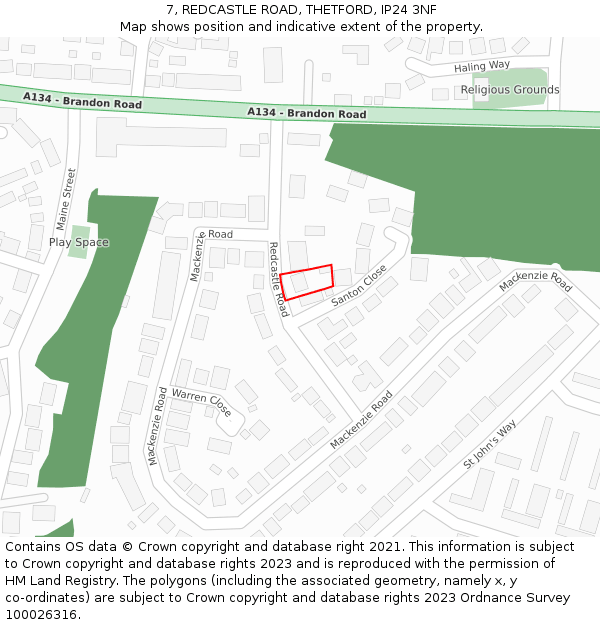 7, REDCASTLE ROAD, THETFORD, IP24 3NF: Location map and indicative extent of plot