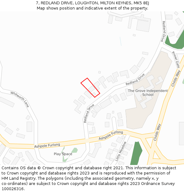 7, REDLAND DRIVE, LOUGHTON, MILTON KEYNES, MK5 8EJ: Location map and indicative extent of plot