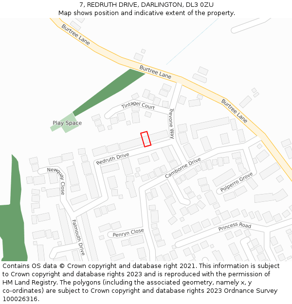 7, REDRUTH DRIVE, DARLINGTON, DL3 0ZU: Location map and indicative extent of plot