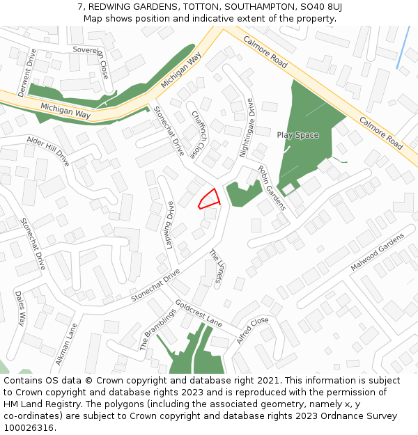 7, REDWING GARDENS, TOTTON, SOUTHAMPTON, SO40 8UJ: Location map and indicative extent of plot