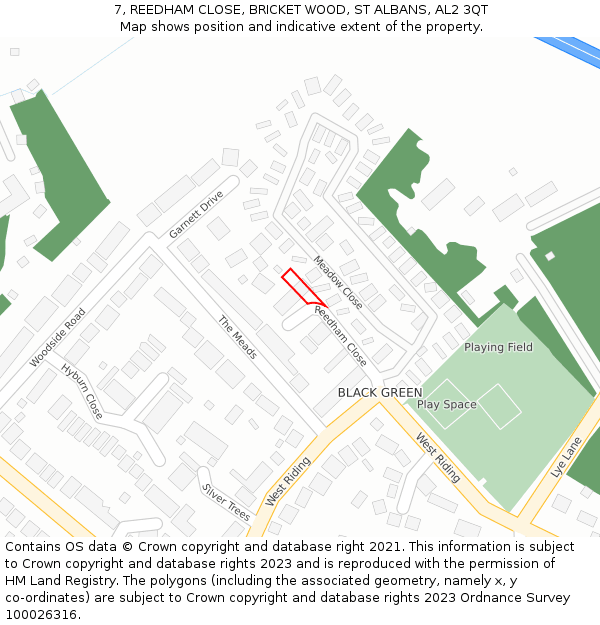 7, REEDHAM CLOSE, BRICKET WOOD, ST ALBANS, AL2 3QT: Location map and indicative extent of plot