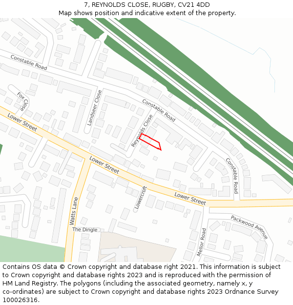 7, REYNOLDS CLOSE, RUGBY, CV21 4DD: Location map and indicative extent of plot