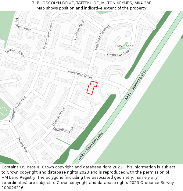 7, RHOSCOLYN DRIVE, TATTENHOE, MILTON KEYNES, MK4 3AE: Location map and indicative extent of plot