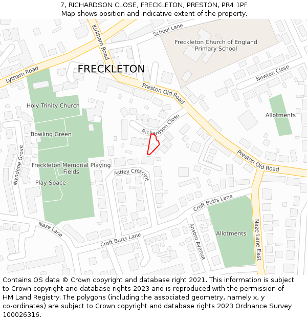 7, RICHARDSON CLOSE, FRECKLETON, PRESTON, PR4 1PF: Location map and indicative extent of plot