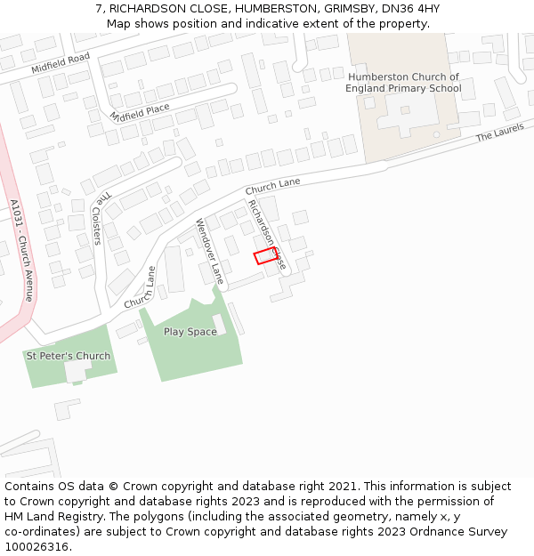7, RICHARDSON CLOSE, HUMBERSTON, GRIMSBY, DN36 4HY: Location map and indicative extent of plot