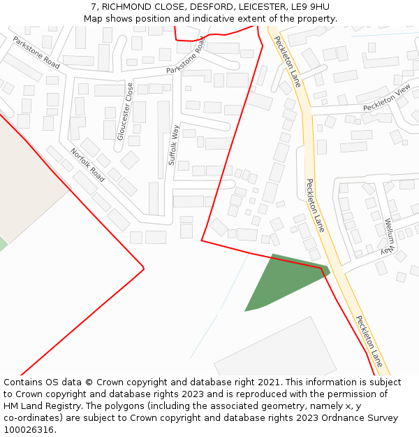 7, RICHMOND CLOSE, DESFORD, LEICESTER, LE9 9HU: Location map and indicative extent of plot