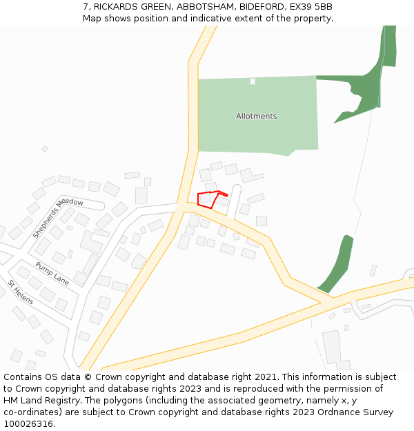 7, RICKARDS GREEN, ABBOTSHAM, BIDEFORD, EX39 5BB: Location map and indicative extent of plot