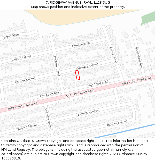 7, RIDGEWAY AVENUE, RHYL, LL18 3UG: Location map and indicative extent of plot