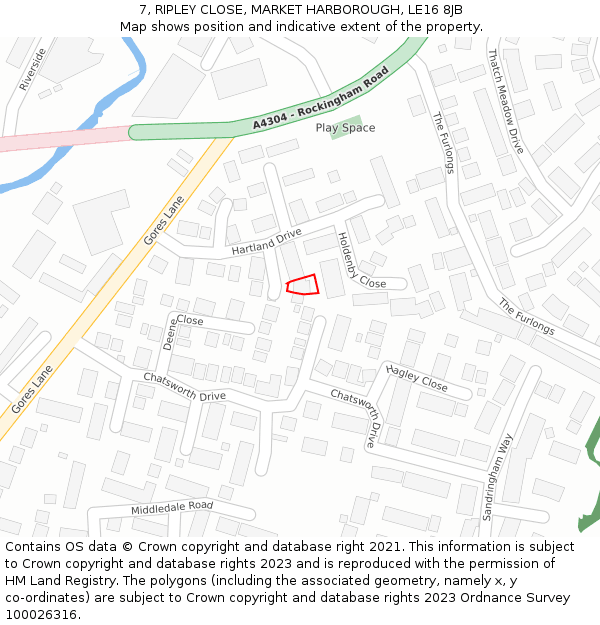 7, RIPLEY CLOSE, MARKET HARBOROUGH, LE16 8JB: Location map and indicative extent of plot