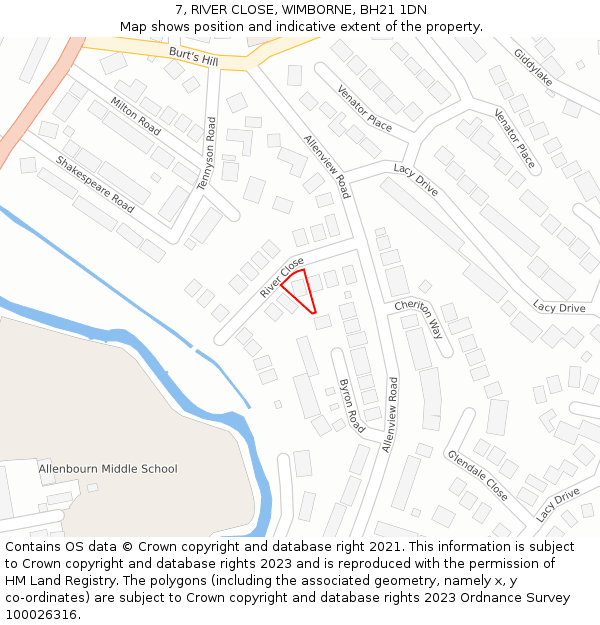 7, RIVER CLOSE, WIMBORNE, BH21 1DN: Location map and indicative extent of plot