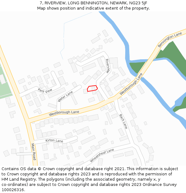 7, RIVERVIEW, LONG BENNINGTON, NEWARK, NG23 5JF: Location map and indicative extent of plot