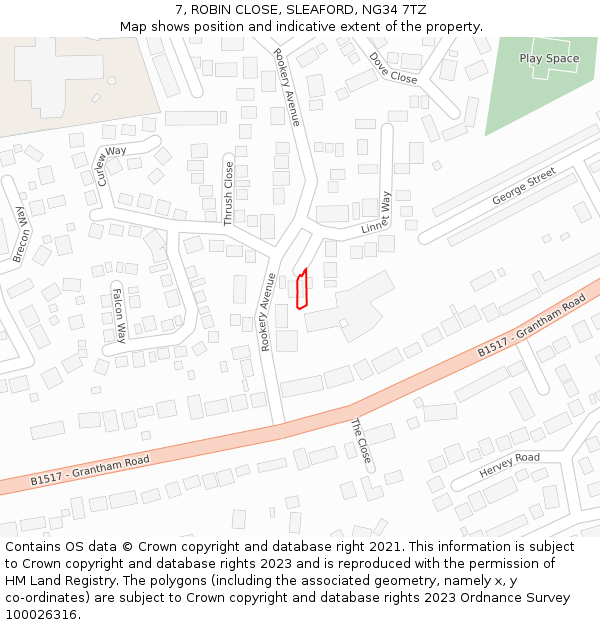 7, ROBIN CLOSE, SLEAFORD, NG34 7TZ: Location map and indicative extent of plot