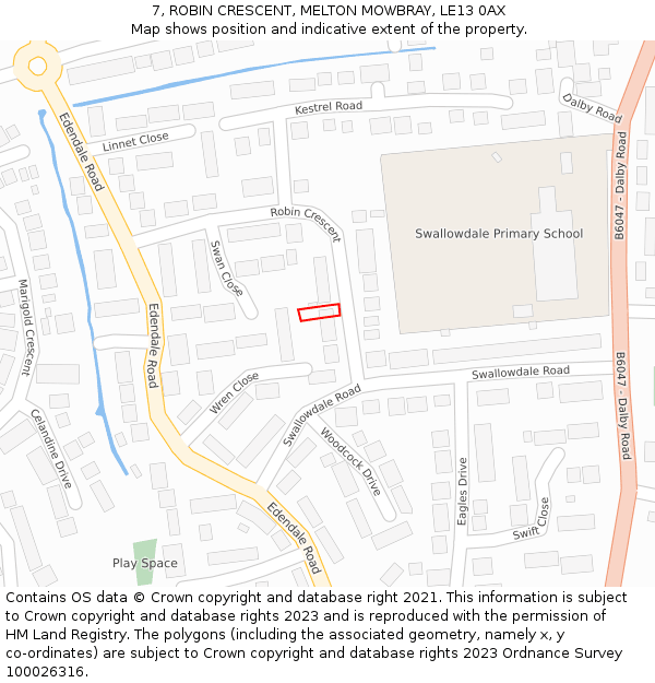 7, ROBIN CRESCENT, MELTON MOWBRAY, LE13 0AX: Location map and indicative extent of plot