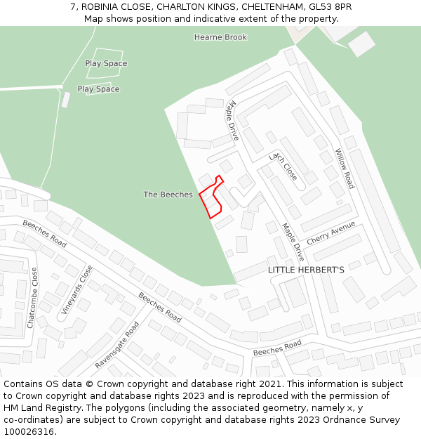 7, ROBINIA CLOSE, CHARLTON KINGS, CHELTENHAM, GL53 8PR: Location map and indicative extent of plot