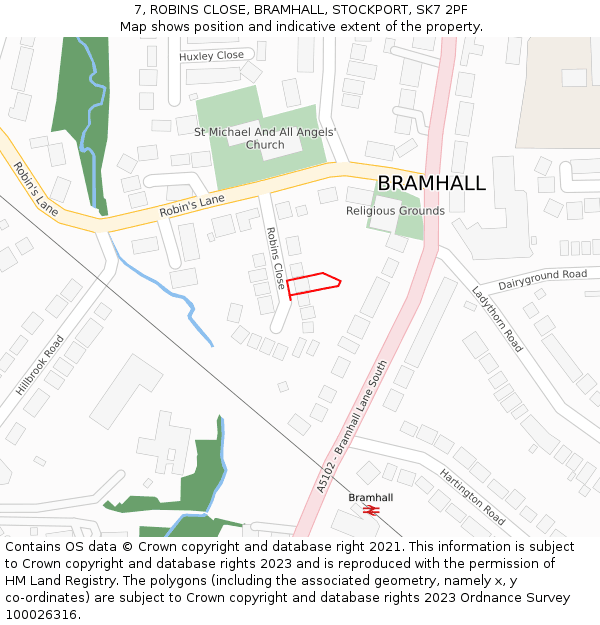 7, ROBINS CLOSE, BRAMHALL, STOCKPORT, SK7 2PF: Location map and indicative extent of plot