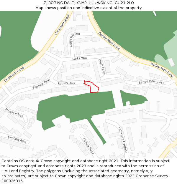 7, ROBINS DALE, KNAPHILL, WOKING, GU21 2LQ: Location map and indicative extent of plot