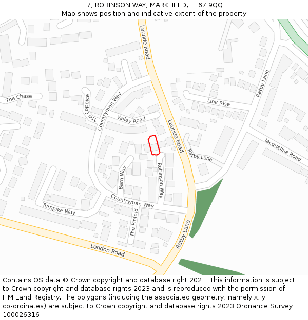 7, ROBINSON WAY, MARKFIELD, LE67 9QQ: Location map and indicative extent of plot