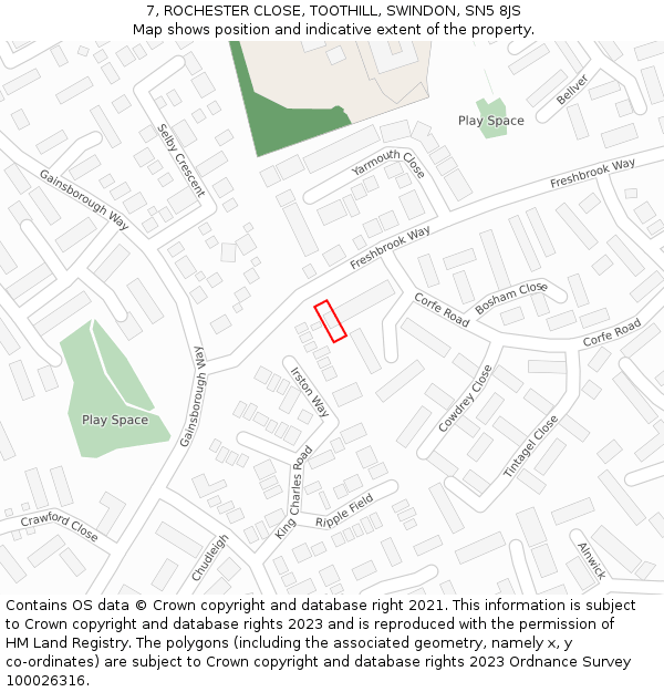 7, ROCHESTER CLOSE, TOOTHILL, SWINDON, SN5 8JS: Location map and indicative extent of plot