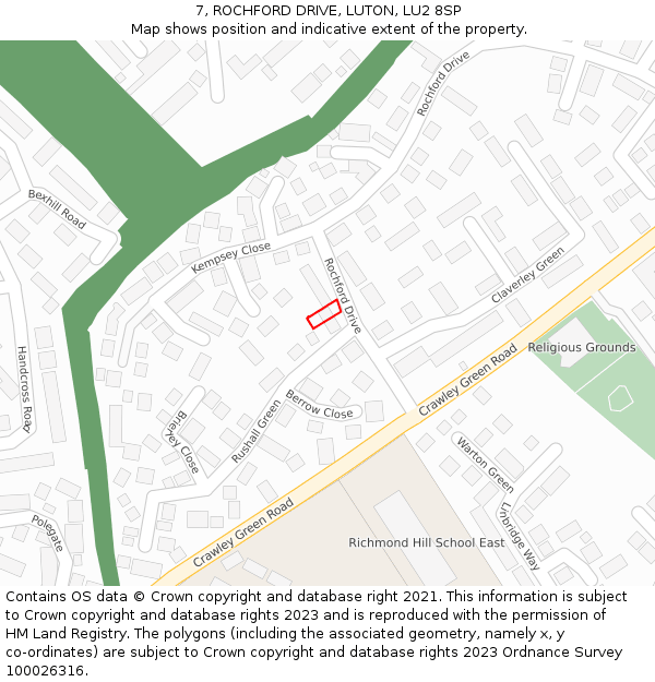 7, ROCHFORD DRIVE, LUTON, LU2 8SP: Location map and indicative extent of plot