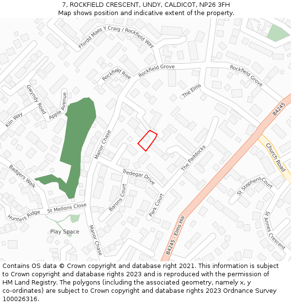 7, ROCKFIELD CRESCENT, UNDY, CALDICOT, NP26 3FH: Location map and indicative extent of plot