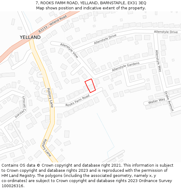 7, ROOKS FARM ROAD, YELLAND, BARNSTAPLE, EX31 3EQ: Location map and indicative extent of plot